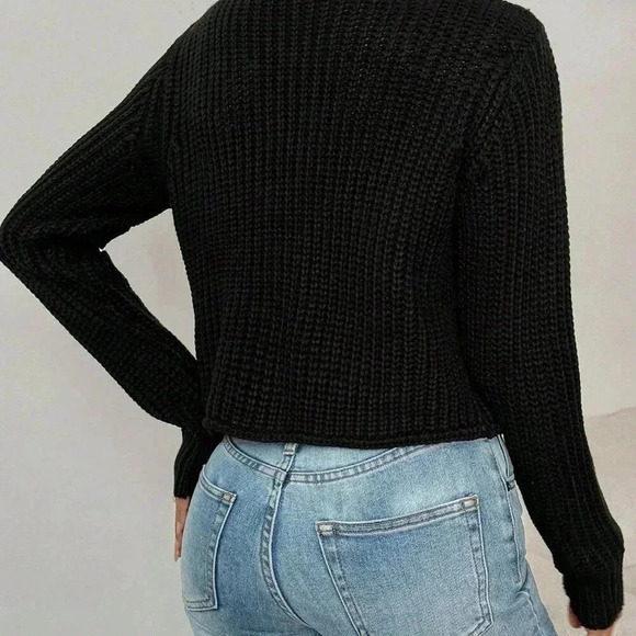 Black Casual Women's Crew Neck Front Button Up Long Sleeve Cardigan - Picture 2 of 5